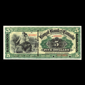 Barbade, Banque Royale du Canada, 5 dollars : 2 janvier 1909