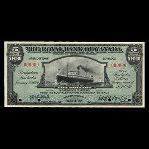 Barbade, Banque Royale du Canada, 5 dollars : 2 janvier 1920
