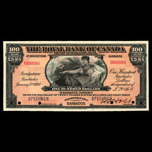 Barbade, Banque Royale du Canada, 100 dollars : 2 janvier 1920