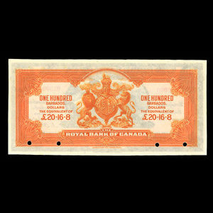 Barbade, Banque Royale du Canada, 100 dollars : 2 janvier 1920