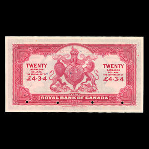 Barbade, Banque Royale du Canada, 20 dollars : 3 janvier 1938