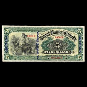 Grenada, Banque Royale du Canada, 5 dollars : 2 janvier 1909