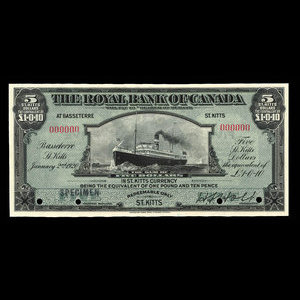 Saint-Kitts, Banque Royale du Canada, 5 dollars : 2 janvier 1920