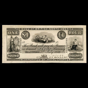 Canada, Bank of British North America, 4 dollars : 1 juillet 1853