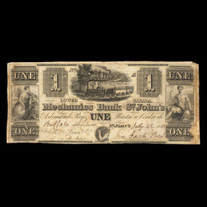 Canada, Mechanics Bank of St. John's, 1 piastre : 20 juillet 1853