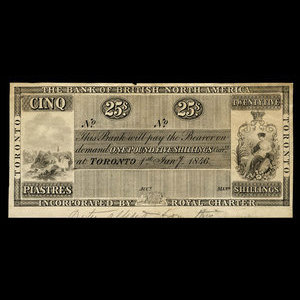 Canada, Bank of British North America, 5 dollars : 1 janvier 1846
