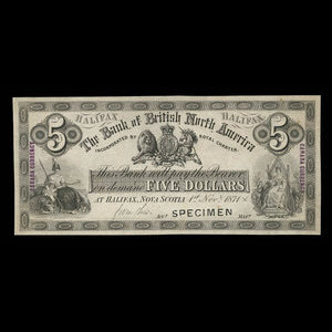 Canada, Bank of British North America, 5 dollars : 1 novembre 1871