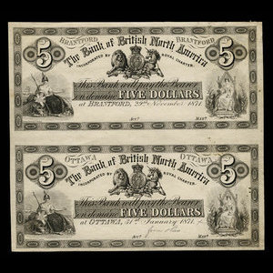 Canada, Bank of British North America, 5 dollars : 29 novembre 1871