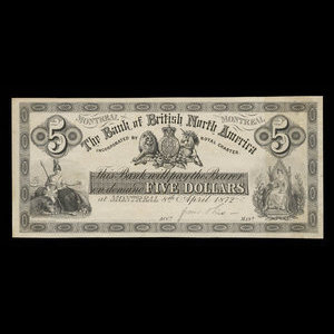 Canada, Bank of British North America, 5 dollars : 8 avril 1872