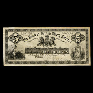 Canada, Bank of British North America, 5 dollars : 1 août 1872