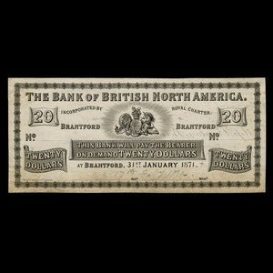 Canada, Bank of British North America, 20 dollars : 31 janvier 1871