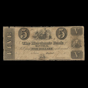 Canada, Merchants Bank of Montreal (La), 5 dollars : 6 avril 1837