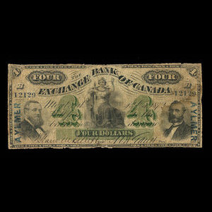 Canada, Exchange Bank of Canada, 4 dollars : 1 octobre 1872