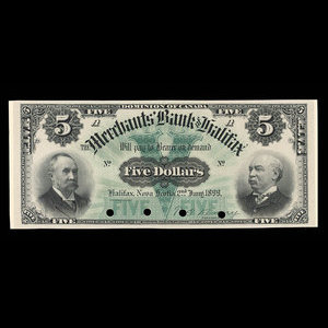 Canada, Merchants' Bank of Halifax, 5 dollars : 2 janvier 1899