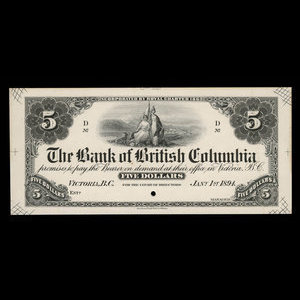 Canada, Bank of British Columbia, 5 dollars : 1 janvier 1894