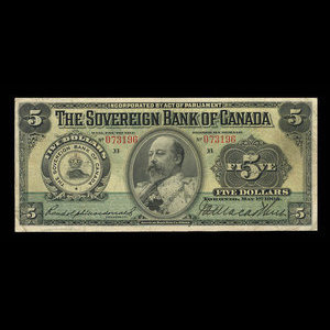 Canada, Sovereign Bank of Canada, 5 dollars : 1 mai 1905