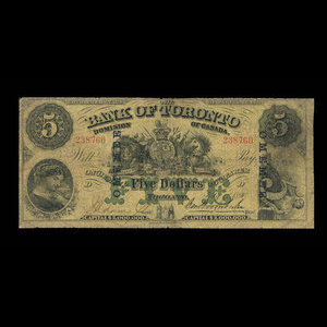 Canada, Bank of Toronto (The), 5 dollars : 1 juillet 1890