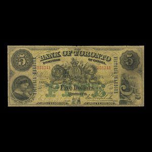 Canada, Bank of Toronto (The), 5 dollars : 1 juillet 1890