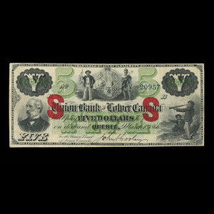 Canada, Union Bank of Lower Canada, 5 dollars : 1 mars 1866