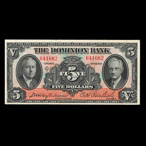 Canada, Dominion Bank, 5 dollars : 2 janvier 1935