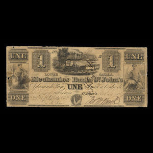 Canada, Mechanics Bank of St. John's, 1 piastre : 29 novembre 1837