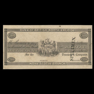 Canada, Bank of British North America, 7 livres, 10 shillings : 1845