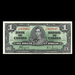 Canada, Banque du Canada, 1 dollar : 2 janvier 1937