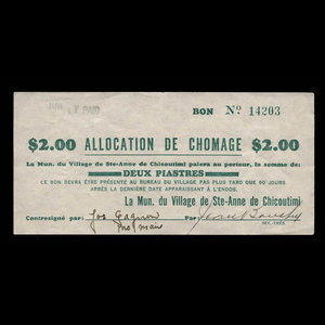 Canada, Village de Ste-Anne de Chicoutimi, 2 dollars : 25 janvier 1940
