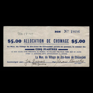 Canada, Village de Ste-Anne de Chicoutimi, 5 dollars : 29 février 1940