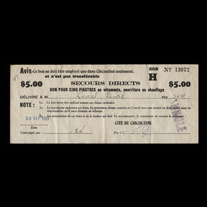 Canada, Cité de Chicoutimi, 5 dollars : 30 septembre 1933