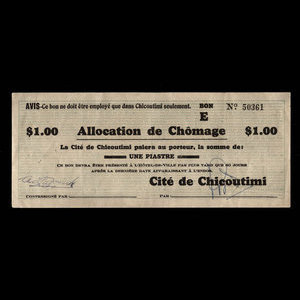 Canada, Cité de Chicoutimi, 1 dollar : 24 novembre 1936