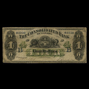 Canada, Consolidated Bank of Canada, 4 dollars : 1 juillet 1876