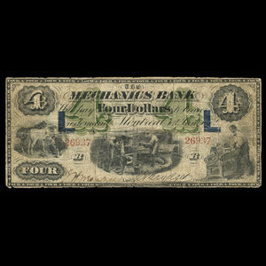 Canada, Mechanics Bank (Montréal), 4 dollars : 1 juin 1872