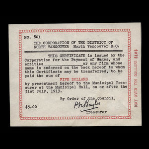 Canada, Corporation of the District of North Vancouver, 5 dollars : 13 juillet 1913