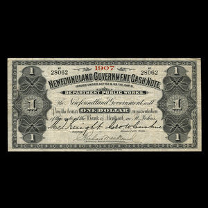 Canada, Terre-Neuve - Département des travaux publics, 1 dollar : 1907
