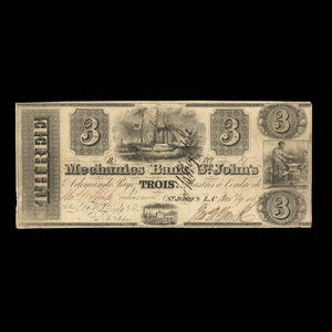 Canada, Mechanics Bank of St. John's, 3 piastres : 29 novembre 1837