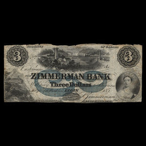 Canada, Zimmerman Bank, 3 dollars : 1 février 1859