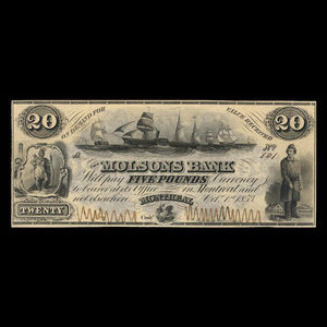 Canada, Molsons Bank, 20 dollars : 1 octobre 1853