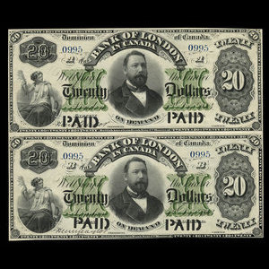 Canada, Bank of London in Canada, 20 dollars : 1 décembre 1883