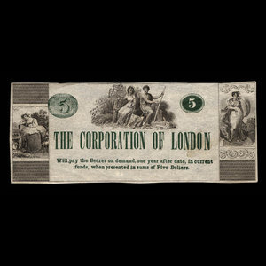 Canada, Ville de London, 5 dollars : 1870