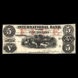 Canada, International Bank of Canada, 5 dollars : 15 septembre 1858