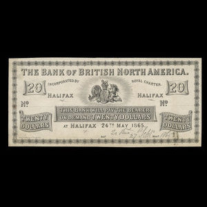 Canada, Bank of British North America, 20 dollars : 24 mai 1865