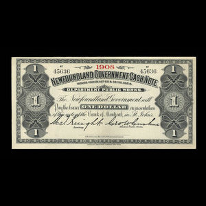 Canada, Terre-Neuve - Département des travaux publics, 1 dollar : 1908