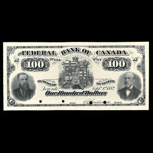 Canada, Federal Bank of Canada, 100 dollars : 1 septembre 1882