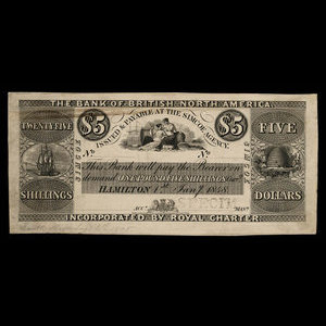 Canada, Bank of British North America, 5 dollars : 1 janvier 1848