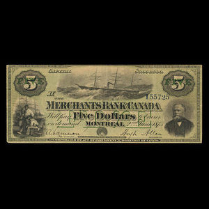 Canada, Merchants Bank of Canada (The), 5 dollars : 2 juin 1873