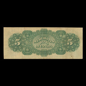 Canada, Merchants Bank of Canada (The), 5 dollars : 2 juin 1873