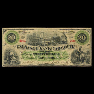 Canada, Exchange Bank of Yarmouth, 20 dollars : 1 juillet 1871