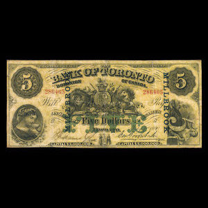 Canada, Bank of Toronto (The), 5 dollars : 1 juillet 1890