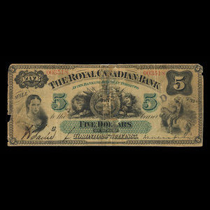 Canada, Royal Canadian Bank, 5 dollars : 26 juillet 1865
